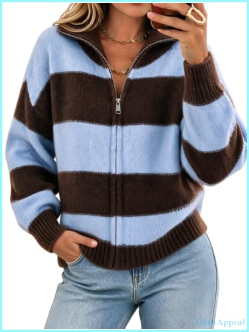 Striped Color Block Zip Up Cardigan Long Sleeve Knit Sweater